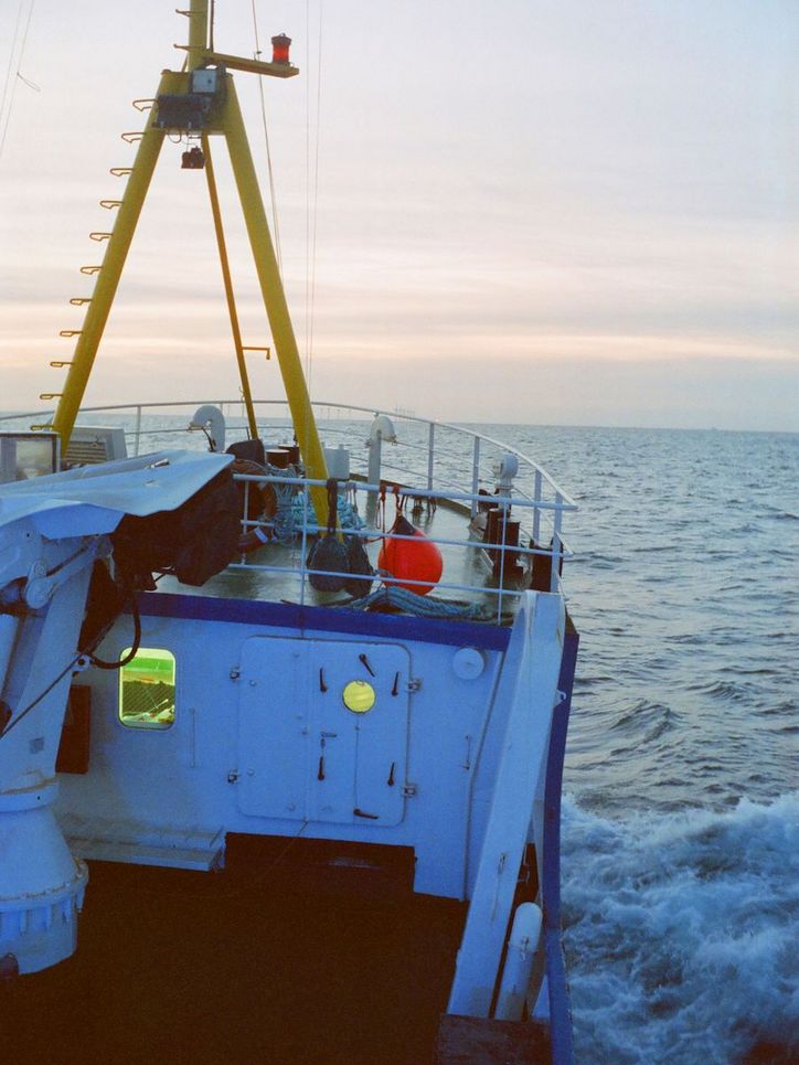 Blick aufs offene Meer über das Deck hinweg.