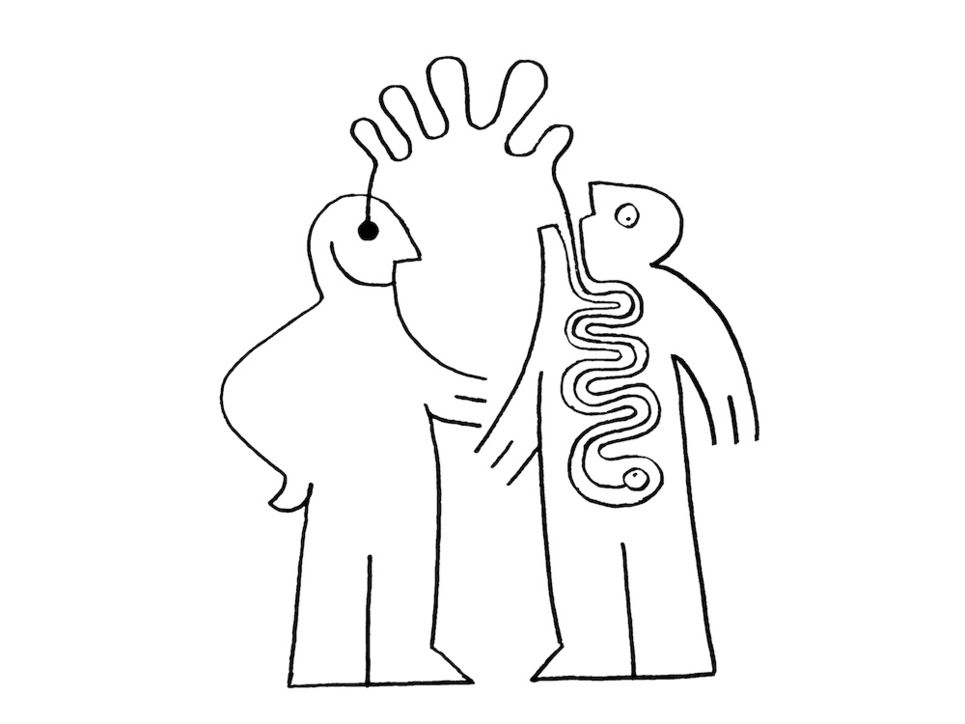 Minimalistische Illustration von zwei Personen. Der Darm der einen Person ist mit dem Auge der anderen verbunden.