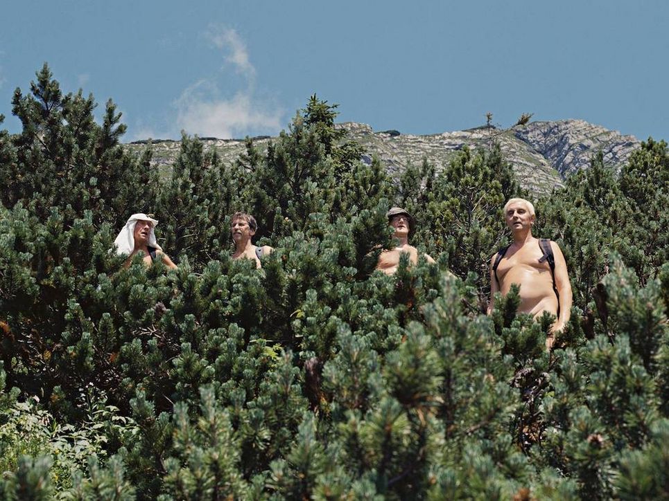 Vier nackte Männer inmitten kleiner Nadelbäume in den Bergen.