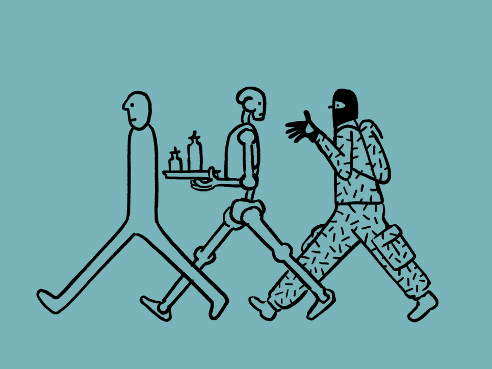 Illustration von drei hintereinander laufenden Figuren. Die mittlere Figur trägt ein Tablett in der Hand und hat den Kopf nach hinten zur letzten Person gedreht. Die letzte Person trägt eine Maske und gemusterte Kleidung, Tarnklamotten ähnelnd.