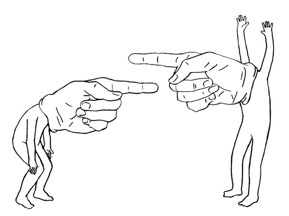 Illustration von zwei Personen, deren Köpfe Hände sind, die mit dem Zeigefinger aufeinander zeigen.
