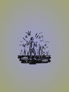 Illustration einer Person, die umringt von Pflanzen und Insekten mitten im Sumpf steht.