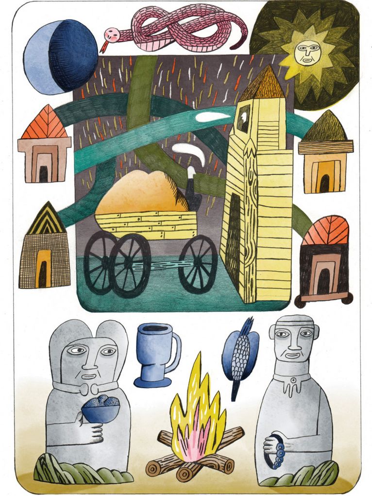 Bunte Illustration von Gebäuden, in deren Mitte ein beladener Wagen steht. Außerdem eine ornamentarisch verschlungene Schlange, Sonne, Mond und zwei Personen am Lagerfeuer.