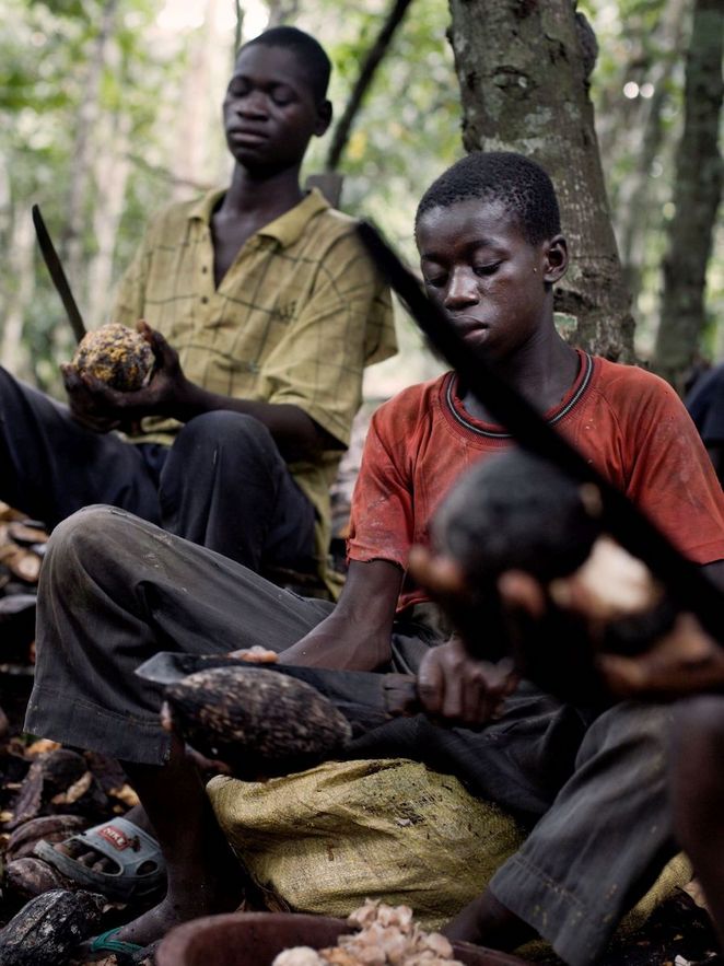 Zwei müde aussehende Kinder mit Kakaofrüchten im Wald.