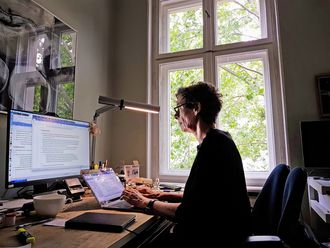 Jeanette Hofmann arbeitet am Bildschirm an ihrem Schreibtisch am Fenster.