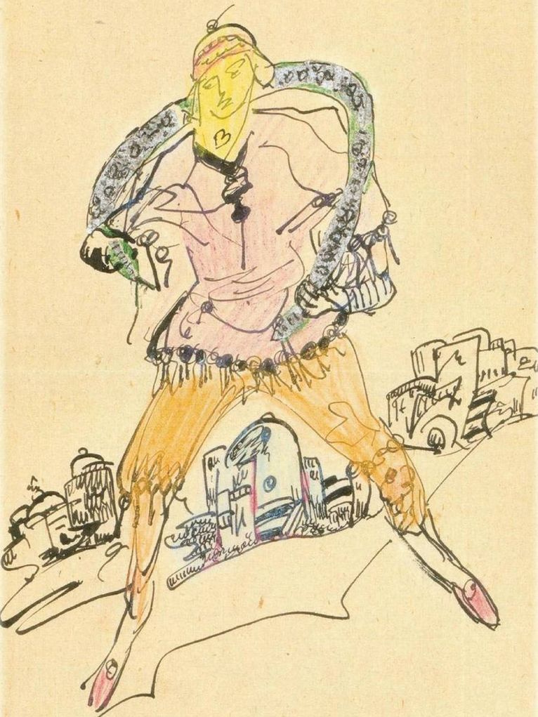 Zeichnung eines Mannes, der eine Schlange trägt.