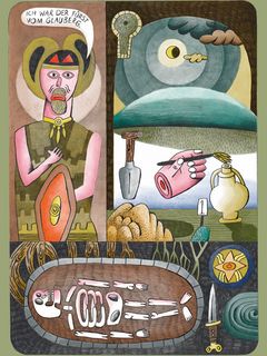  Bunte Illustration eines keltischen Kriegers, eines Hügels mit Mondschein, eines Spatens, einer Hand, die mit einem Pinsel eine Vase bemalt, eines Skeletts, eines Messers und einer Brosche.