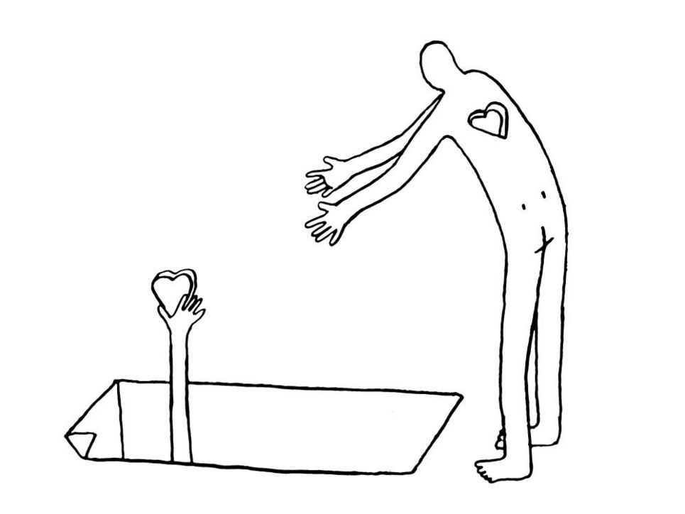 Illustration einer Person mit herzförmigem Loch im Oberkörper. Das fehlende Herz wird ihr aus einer Kiste gereicht.