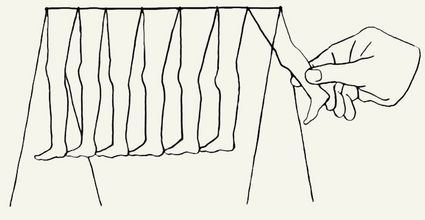 Zeichnung einer Schaukel, an Beine aufgehängt sind und eine Hand, die das hinterste Bein zu sich zieht, wie um es anzuschubsen. 