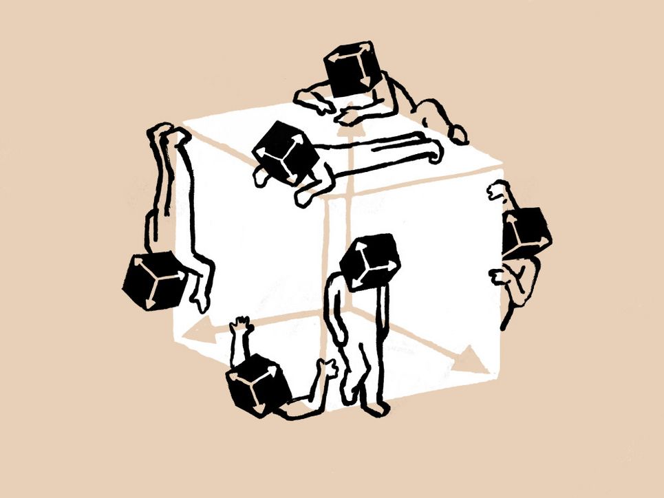 Illustration: Personen mit Quaderförmigen Blöcken anstelle der Köpfe klettern in alle Richtungen auf einem Quader herum.
