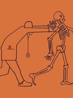 Illustration eines Arztes, der einem Skelett hinterher läuft.