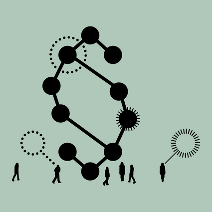 Illustration von Menschen und einer symbolisierten chemischen Verbindung in Form des Paragrafen Zeichens.