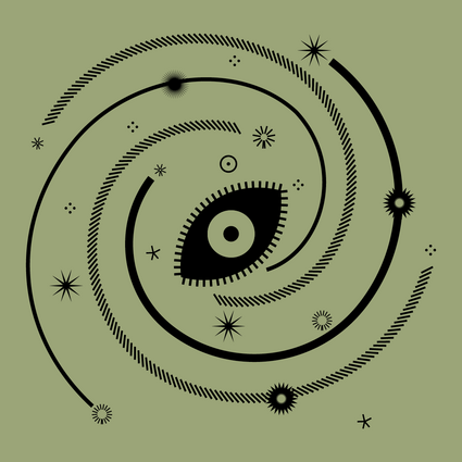 Illustration eines Auges, um das spiralförmig von Sternen umkreist wird.