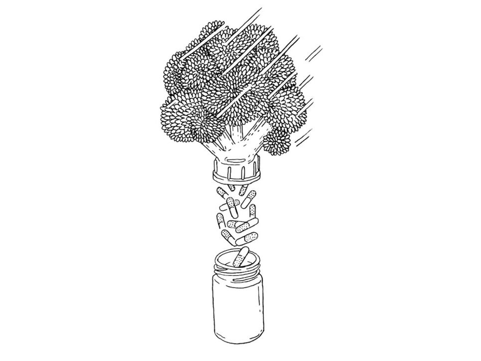 Illustration eines Baumes, auf den es regnet. Sein Stamm besteht aus einem geöffneten Schraubglas, in das Pillen fallen.
