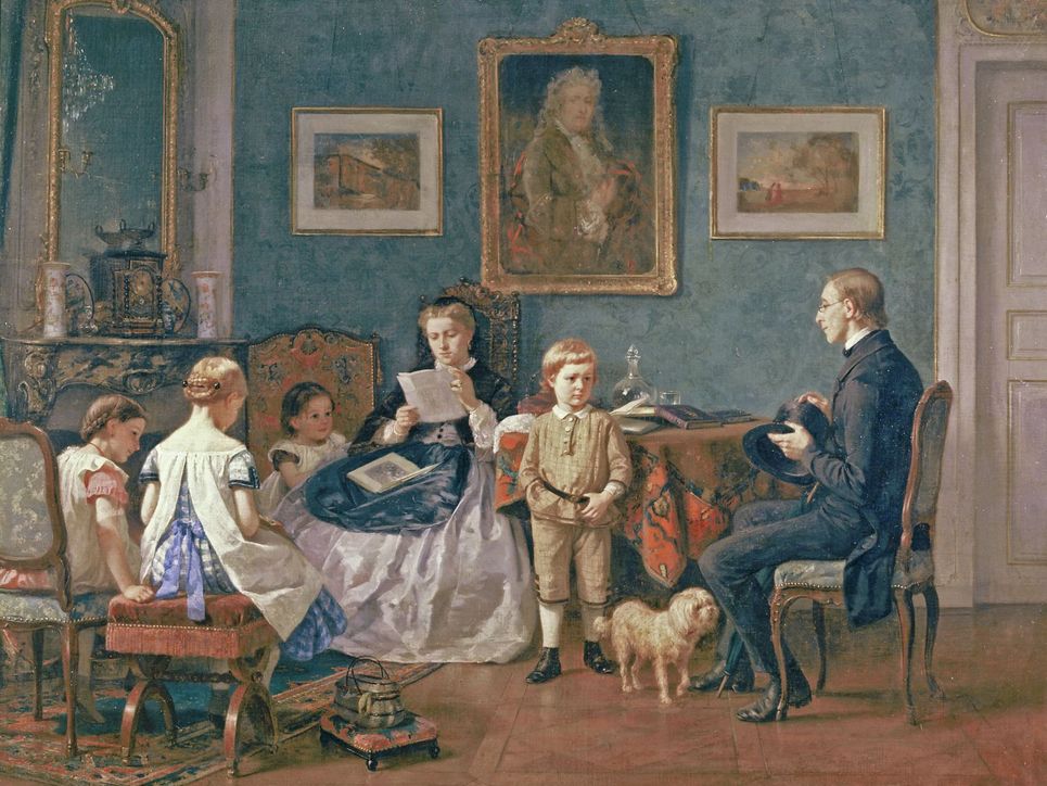 Gemälde eines Hauslehrers, der 5 Kinder unterrichtet.