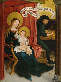 Historisches Gemälde der heiligen Familie. Im Vordergrund Maria mit dem Kind, Joseph als Tischler im Hintergrund.