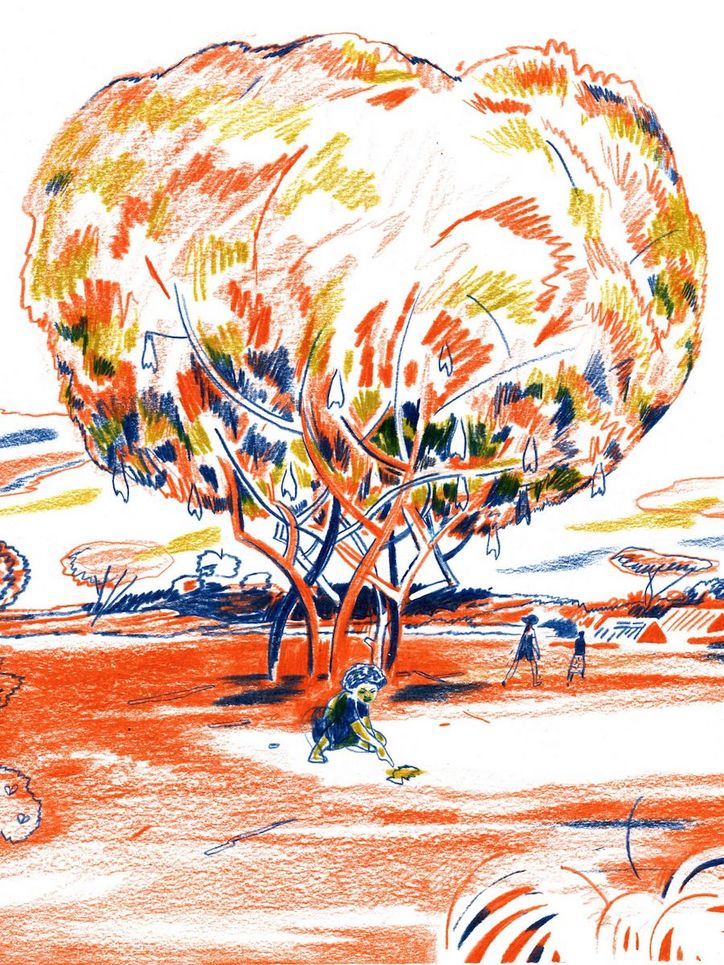 Bunte Zeichnung von einem Baum, einem spielenden Kind und weiteren Personen.