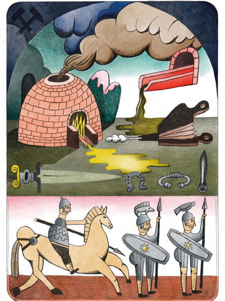 Bunte Illustration eines qualmenden, gemauerten Ofens, eines Blasebalgs, einer Rinne, aus der dunkle Flüssigkeit herausläuft und von Gegenständen aus Eisen: ein Messer, ein Hufeisen, ein Armreif und ein spitzes Werkzeug. Im unteren Teil drei Soldaten, einer von ihnen auf einem Pferd.