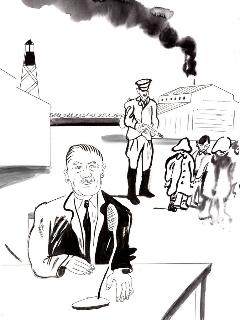 Schwarz Weiß Illustration von dem Zeugen und im Hintergrund von seiner Aussage. Dort sieht man einen Mann mit einem Gewehr das auf eine Gruppe Kinder zielt. 
