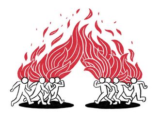 Eine Zeichnung von zwei Menschenmengen die wütend aufeinander zukommen. Über ihnen Flammen