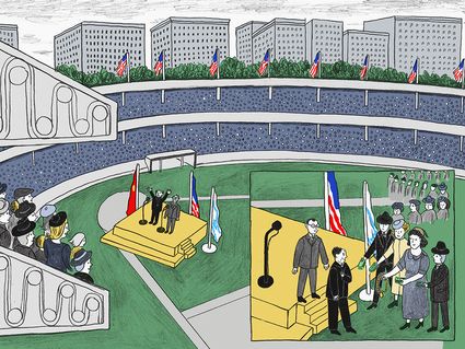 Zeichnung von zwei Menschen die in einem Stadion sprechen. Umgeben von einer sowjetischen, einer amerikanischen und einer Davidstern-Flagge