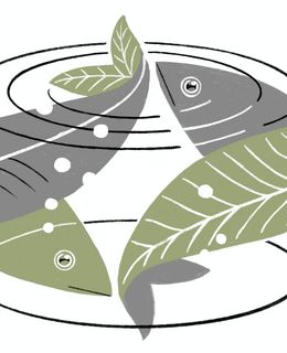 Illustration von zwei Fischen, die zugleich grüne Blätter sind.