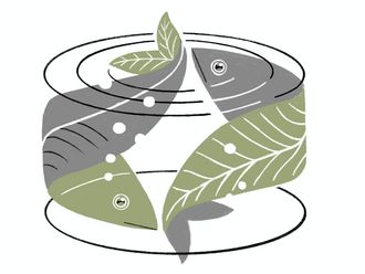 Illustration von zwei Fischen, die zugleich grüne Blätter sind.