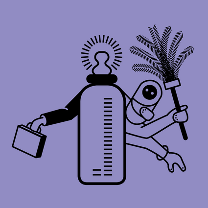 Illustration einer Babyflasche mit mehreren Armen, die unter anderem einen Koffer und einen Staubwedel hält.