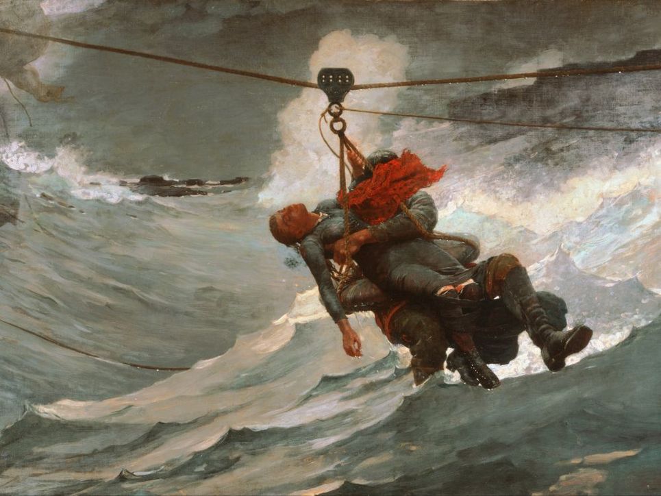 Vorführung einer Seenot-Rettung mit der Hosenboje, die der Maler Winslow Homer 1883 in Atlantic City beobachtete.