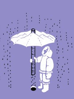 Illustration eines Forschers der aus einem Eisbohrkern einen Regenschrim macht