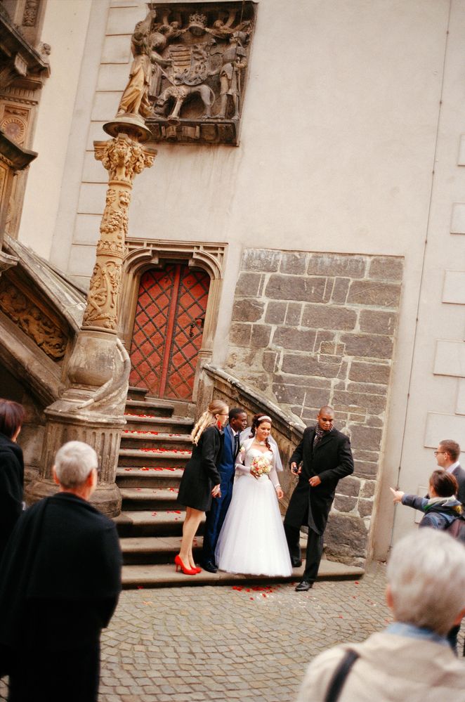 Hochzeitsgesellschaft, das Brautpaar steht am unteren Ende einer breiten Treppe.