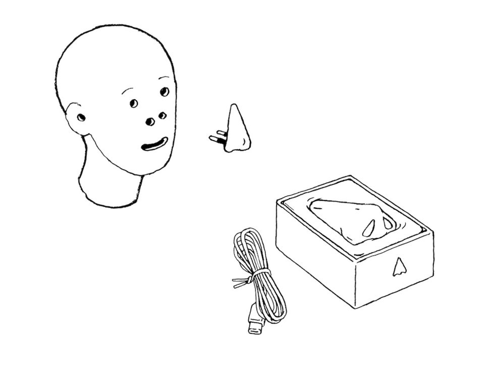 Illustration eines Kopfes, dessen Augen, Nasenlöcher und Mund wie die Löcher einer Steckdose aussehen. Außerdem eine Nase als Stecker und eine Box zur Aufbewahrung der Nase sowie ein zusammengerolltes Ladekabel.