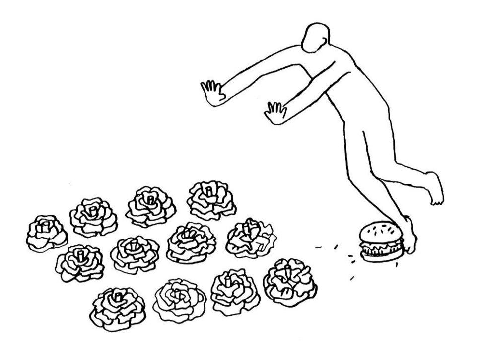 Illustration einer Person, die über einen Burger stolpert und in einem Feld aus Kopfsalat landen wird.