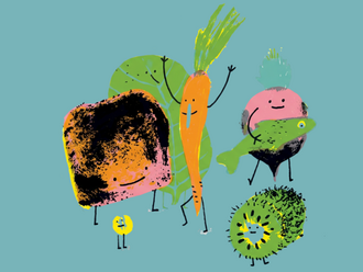 Illustration verschiedener Lebensmittel wie Brot, Karotte, Fisch, Kiwi und Blattgemüse mit Gesichtern.