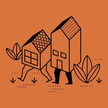 Illustration von zwei Häusern mit Beinen.