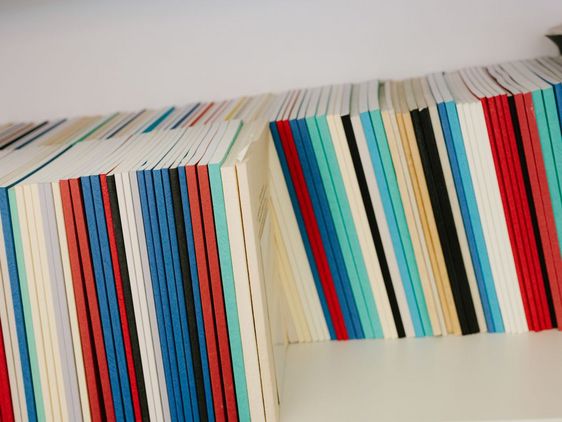Viele dünne Bücher in zwei Reihen hintereinander aufgestellt.