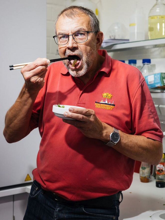 Andreas Kunzmann isst seinen "Quallen-Salat" mit Stäbchen.