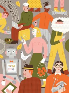 Bunte Illustration von Menschen und einem Roboter, die Einkaufen, Musik hören, essen, per Smartphone mit Bitcoins handeln und vieles mehr.  