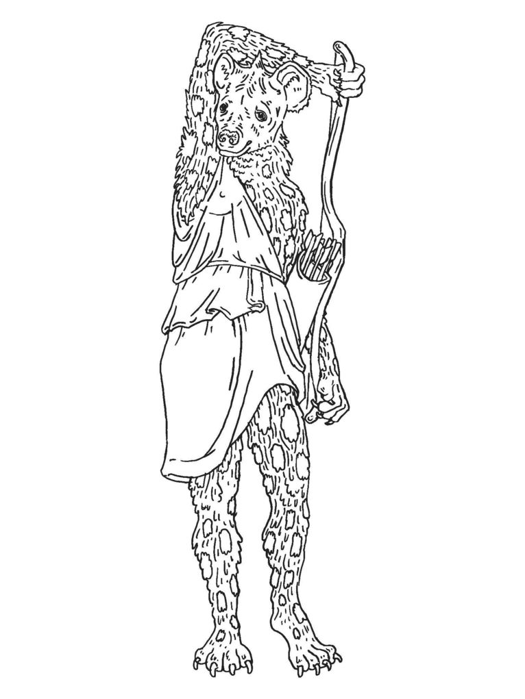Illustration einer Tüpfelhyäne, die eine Schürze an hat und einen Bogen sowie einen Köcher mit Pfeilen trägt.
