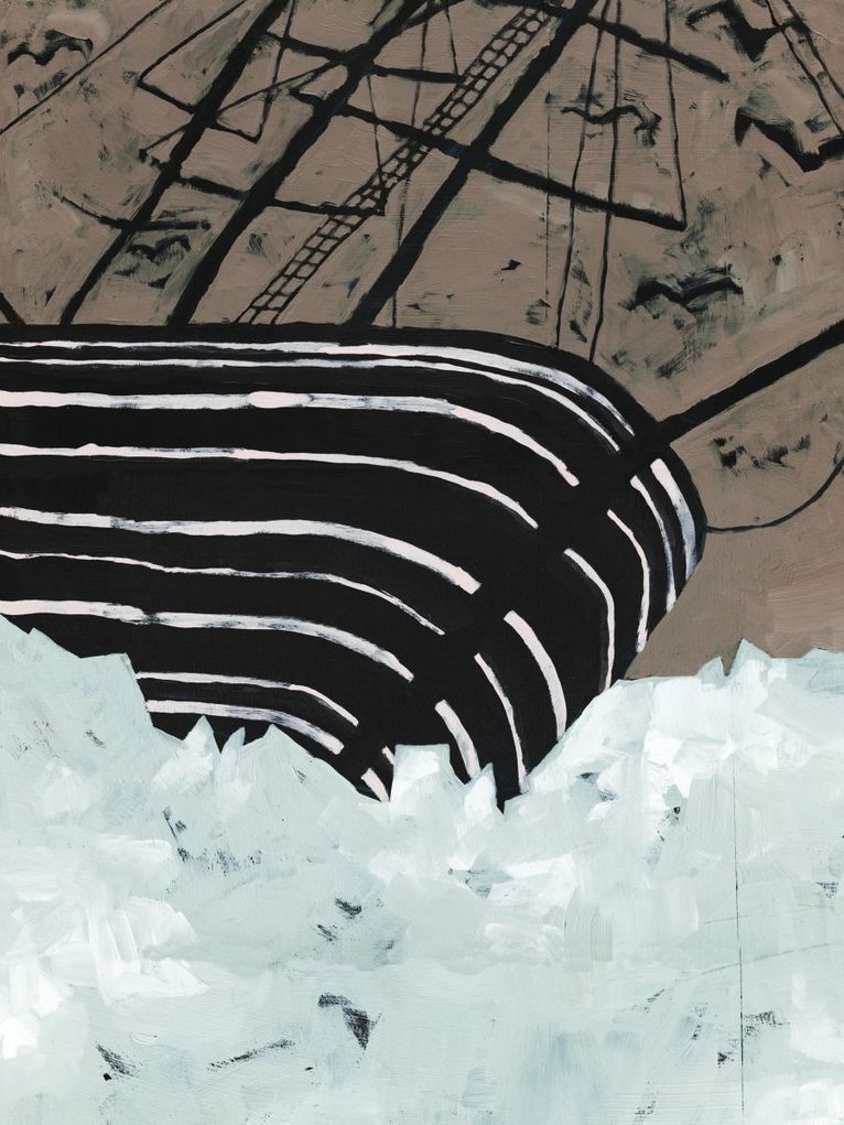 Illustration eines Segelboots in einem Eisschollenfeld.