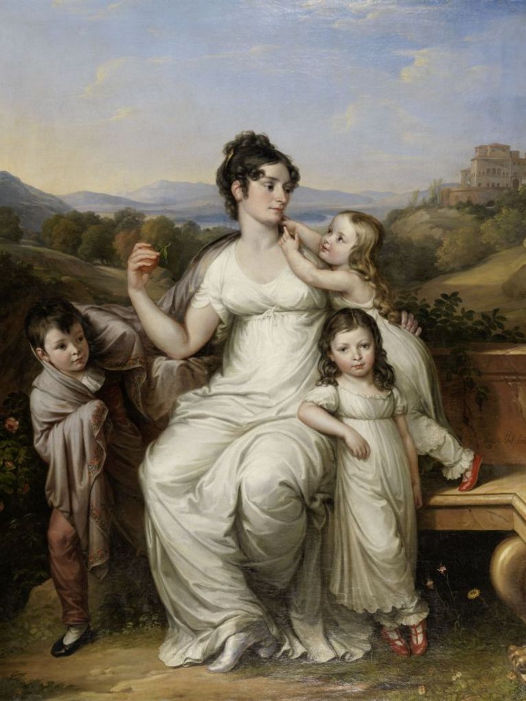 Gemälde einer jungen Frau mit zwei Töchtern und einem Sohn auf einer Bank vor einem landschaftlichen Panorama.