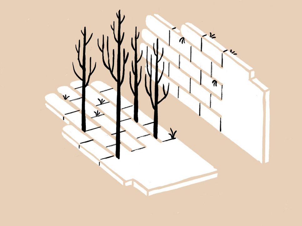 Illustration: Hände, die aus Ziegelsteinen bestehen und eine Mauer, sowie Pflastersteine bilden, aus denen Bäume und kleine Pflanzen wachsen.