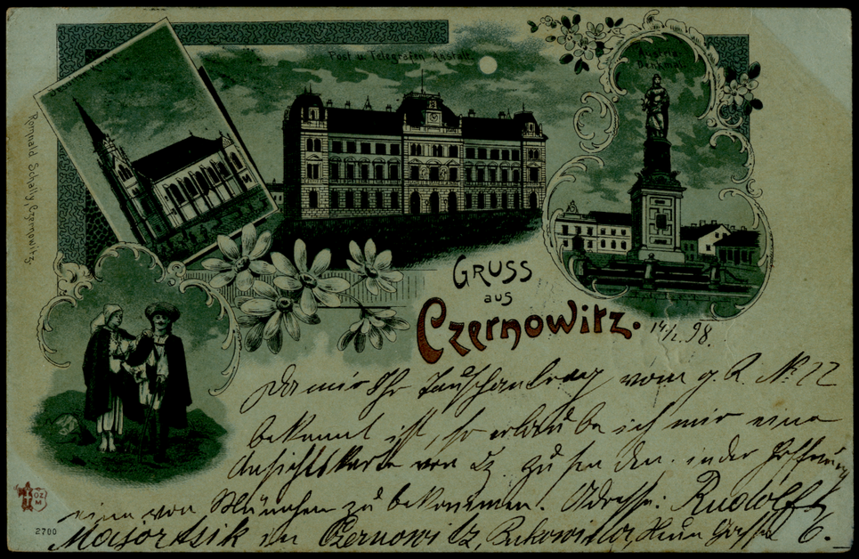 Handbeschriftete Ansichtskarte mit dem Aufdruck »Gruss aus Czernowitz«. Zu sehen ist ein bäuerlich gekleidetes Paar, eine Kirche, ein herrschaftliches Gebäude sowie ein Denkmal.