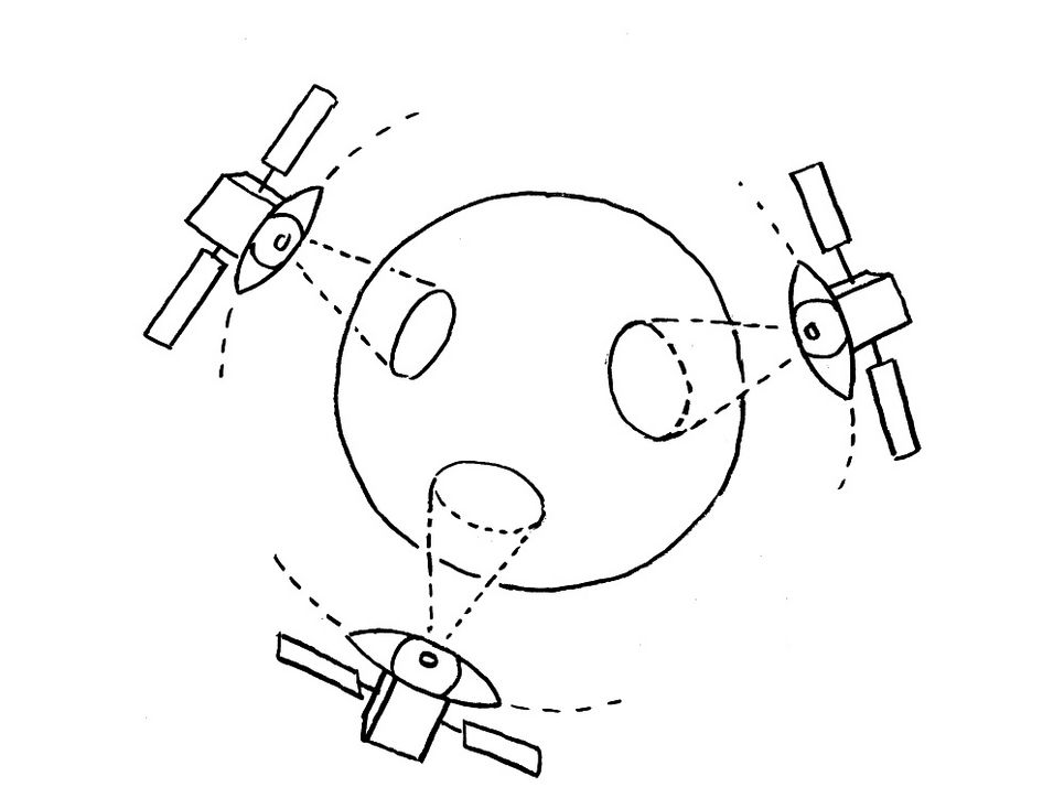 Illustration von drei Satelliten mit einem großen Auge, die auf eine Kugel gerichtet sind.