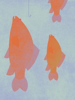 Illustration von Fischen am Haken.
