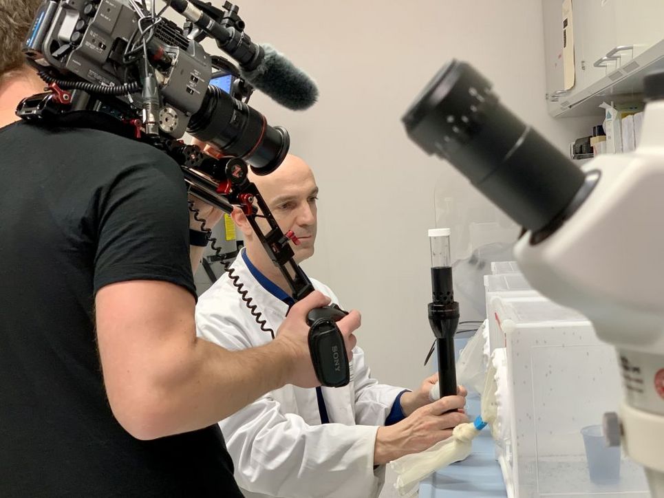 Ein Kameramann filmt Schmidt-Chanasit in seinem Labor.