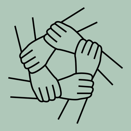Illustration von fünf sich greifenden Händen, die einen Kreis bilden.
