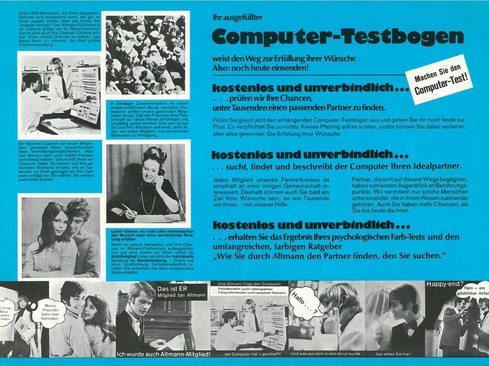 Werbebroschüre »Computer-Testboge« mit Texten und Fotos von Liebespaaren, einer Menschenmenge, einer Frau am Telefon und einer kleinen Foto-Geschichichte.