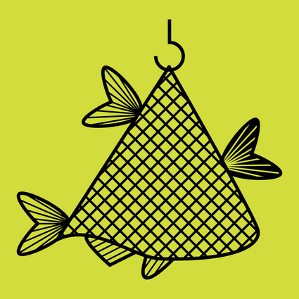 Illustration eines Fischernetzes mit Flossen, das selbst wie ein Fisch aussieht und am Haken hängt.