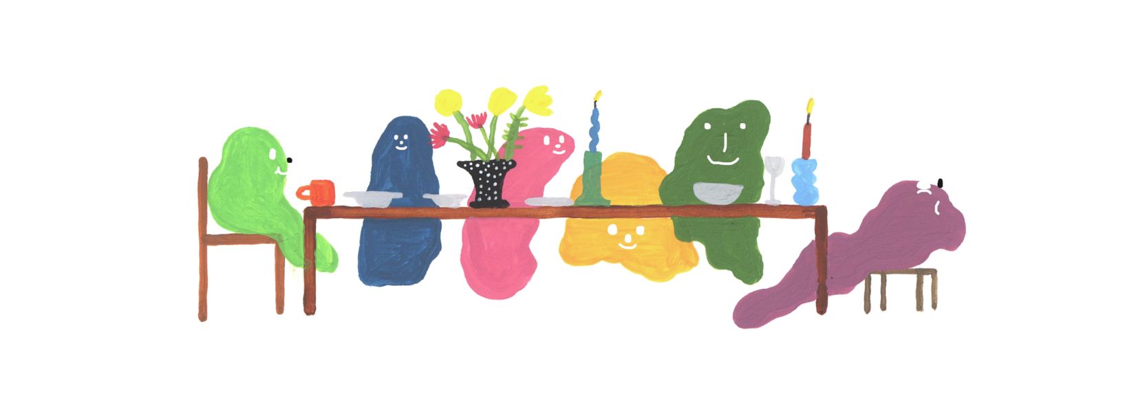 Humoristische Illustration von Bakterien, die an einem Tisch sitzen.